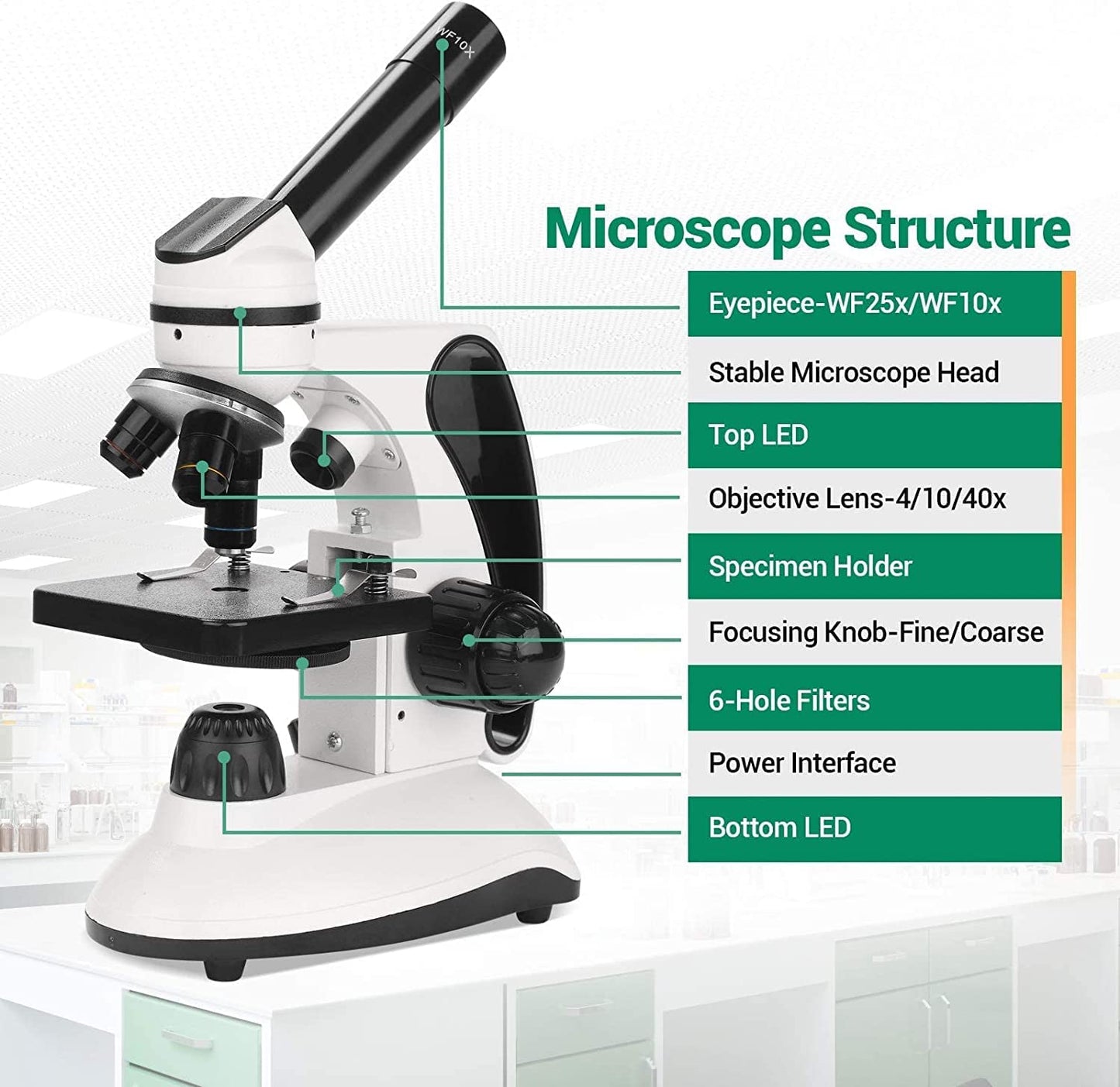 40X-2000X Microscope for Adults and Kids, Lab Compound Monocular Microscope with Prepared Slides Kit, Dual Illumination, All Glass Optics, Smartphone Adapter, Perfect for Beginners