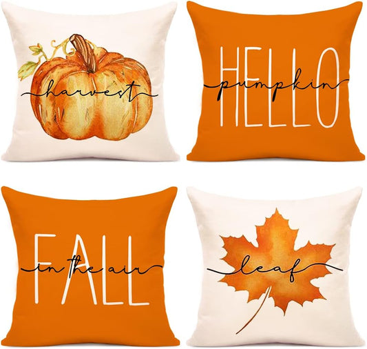 Set of 4 Fall Pillow Covers 18x18 - These decorative pillow covers are designed for Fall Decor and feature pumpkin, maple leaf, and farmhouse themes. They are made of linen fabric and are suitable for both indoor and outdoor use. Color: Orange.