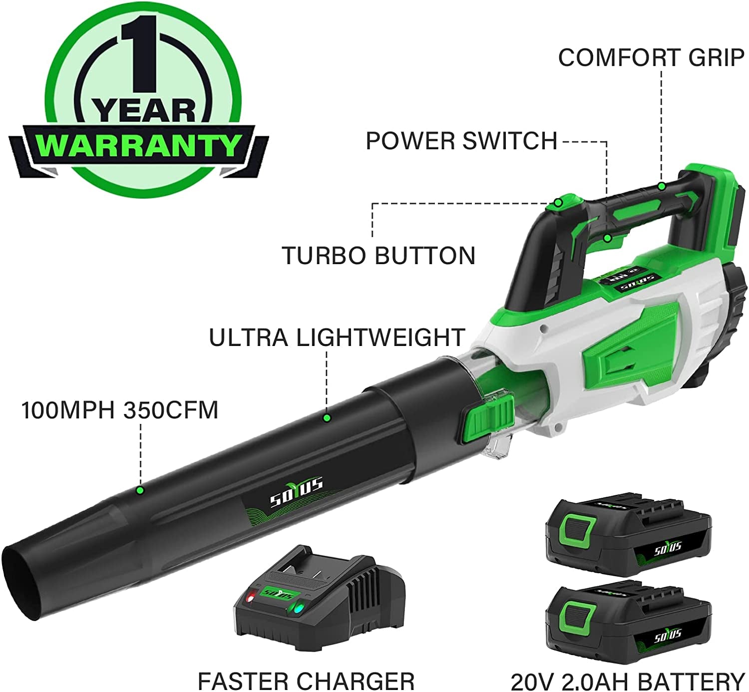 20V 350CFM Cordless Leaf Blower with Battery and Charger - Ideal for Leaf Blowing, Debris Cleaning, and Snow Removal - Includes 2.0Ah&4.0Ah Batteries