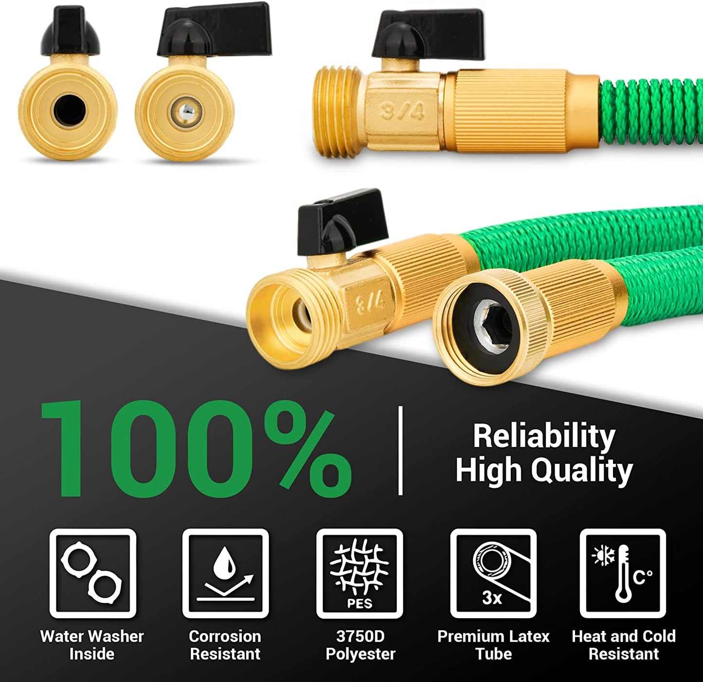 25 FT Expandable and Flexible Garden Hose: Made with Strength Durable Fabric and 12-Layer Latex Inner Tube. Lightweight, Easy to Store, and Kink-Free Water Hose. Features Leakproof Solid Brass Fittings with Nozzle. Available in Green.