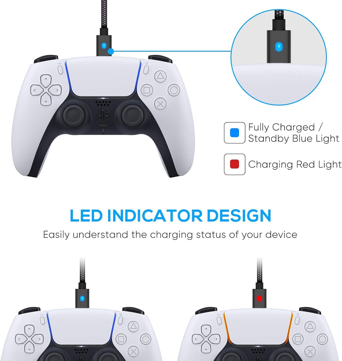 10FT Fast Charging Cable with LED Indicator - Compatible with PS5 DualSense Controller, Xbox Series X/S, Switch Pro Controller, and Phones - Nylon Braided Type-C Ports Replacement