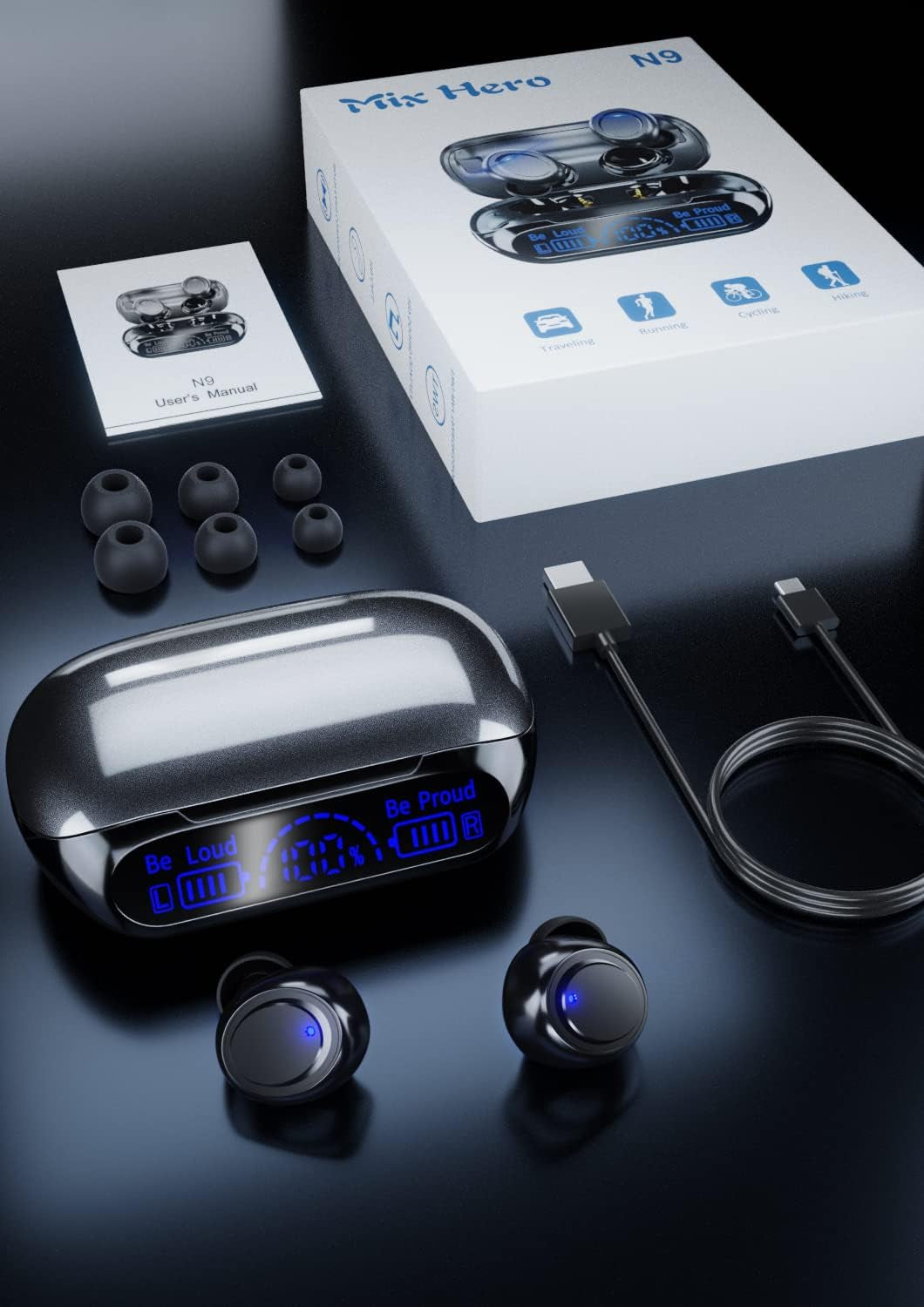 Wireless Earbuds Bluetooth 5.3 Headphones with Button Control, IP6 Waterproof Earphones, In-Ear TWS Ear Buds with Mic. 160Hrs Playback, Power Display, Stereo Bass. Includes 1800mAh Charging Case. Perfect for Workout and Sport