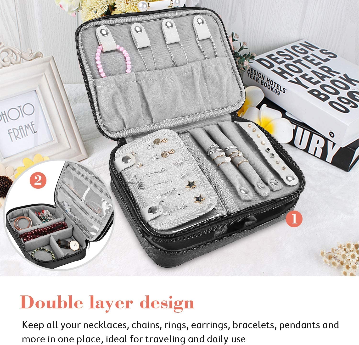 Portable Jewelry Organizer Bag with Double Layer Storage, Soft Padded Carrying Case for Earrings, Rings, Necklaces, Bracelets, and Watches – Black