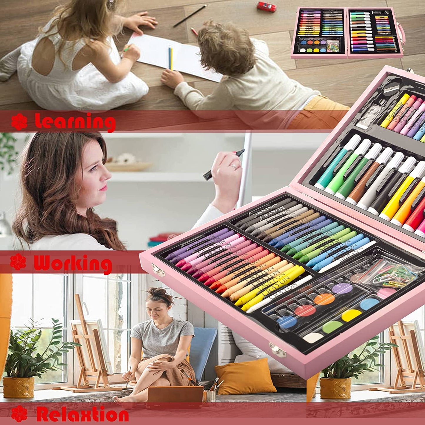  86-Piece Kid's Art Colouring Set, Wooden Case with Drawing Supplies, Including Markers, Crayons, and Coloured Pencils, Perfect for Young Artists - Boys, Girls, Teens (Pink Version)