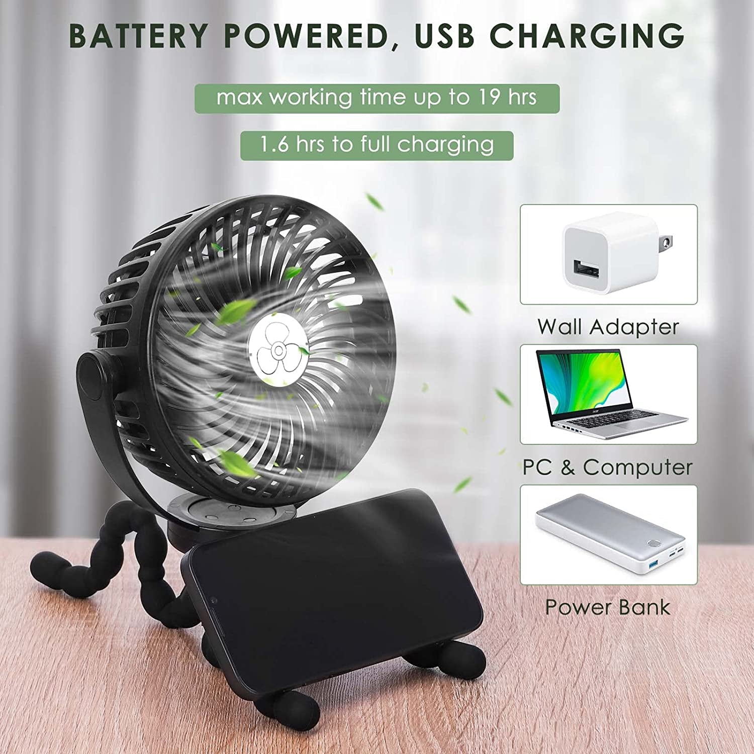 USB Rechargeable Stroller Fan with Flexible Tripod, LED Light, and Ultra Quiet Operation - Portable Personal Fan for Stroller, Car Seat, Bike, Camping, Office, and Outdoor Use