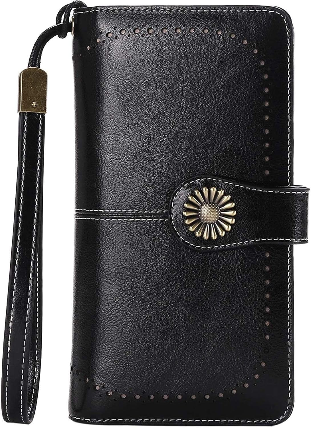 Genuine Leather Women's RFID Blocking Wallet Black - Clutch Style with Card Holder Organizer and Purse Functionality, Available in Black; Measures 7.6 x 1.37 x 4.1 inches, Offers Zipper Closure, Snap Closure, and Trifold Closure for Enhanced Security.