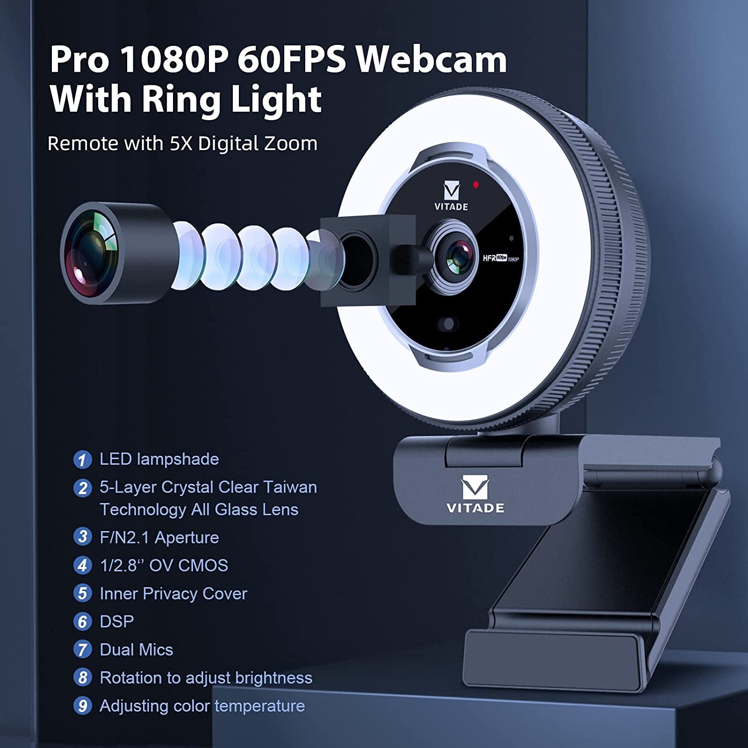 Remote-Controlled Zoom Webcam: Vitade 1080P 60FPS Streaming Webcam with Ring Light and Tripod - USB, 5X Digital Zoom - Ideal for Zoom, Skype, Teams, Laptop, Mac, Windows