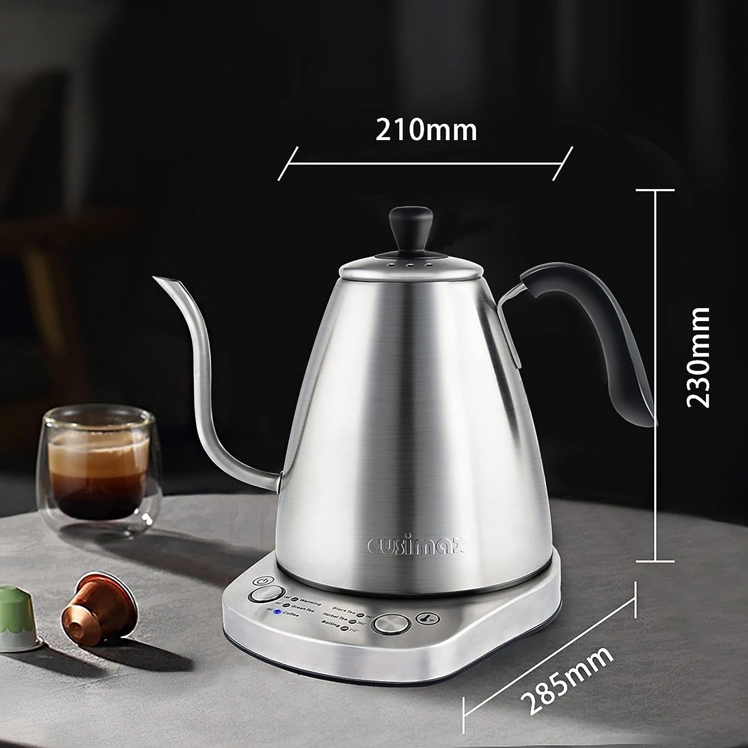 1000W Electric Gooseneck Kettle - A 1L Variable Kettle with 6 Temperature Settings designed for Pour Over Drip Coffee and Tea. It's made from Stainless Steel and features Auto Keep Warming and Boil-Dry Protection for added safety.