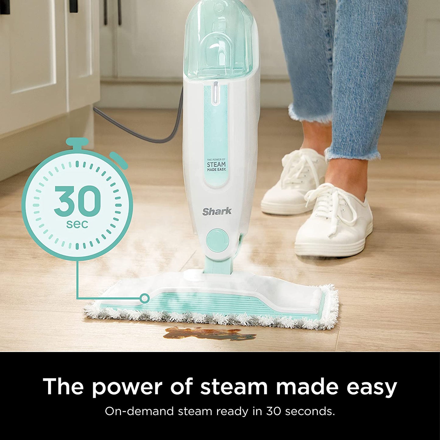 S1000 Steam Mop: Lightweight, Safe for All Sealed Hard Floors (Tile, Hardwood, Stone, Laminate, Vinyl, and More), Includes 2 Machine Washable Dirt Grip Pads, Removable Water Tank - White/Seafoam.