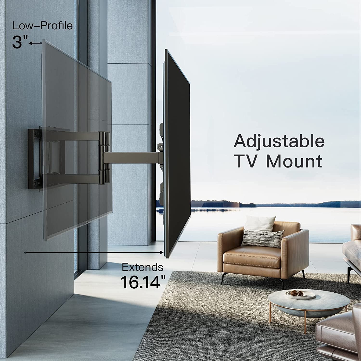 Adjustable TV Wall Mount for Flat Screen TVs, Sized 37-82 Inches and weighing up to 132 lbs, with Max VESA 600x400mm. This TV Mount Wall Bracket offers Dual Articulating Arms, Tilt, Swivel, Extension, and is compatible with 8", 12", and 16" Wood Studs.
