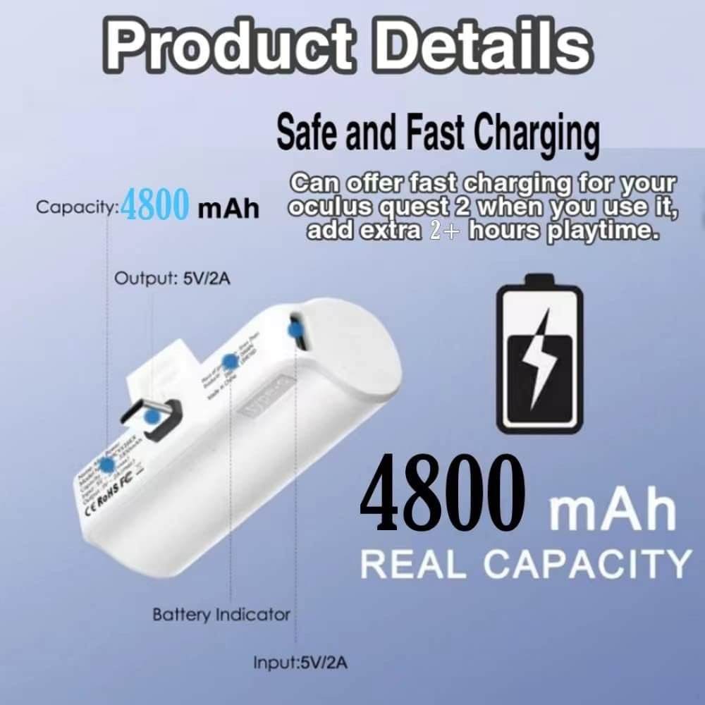 4800mAh Battery Pack Power Bank: Compatible with Oculus/Meta Quest 2. Lightweight VR Extended Battery Pack with Fast Charging for Extra 2 Hours Playtime.