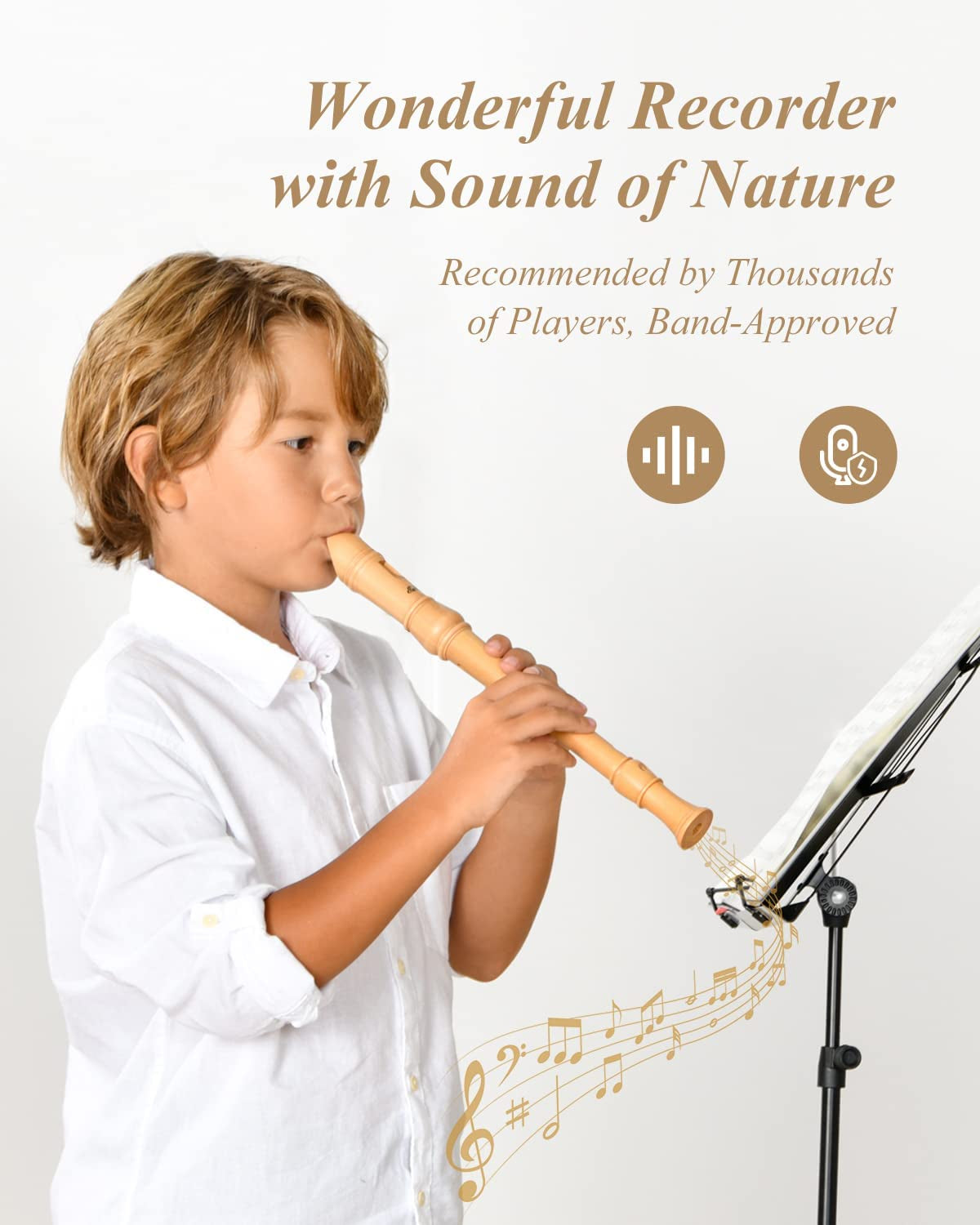 Soprano German Style Recorder for Beginner Kids - C Key Maple Wood 3 Piece Recorder Instrument with Hard Case, Fingering Chart, Cleaning Kit 