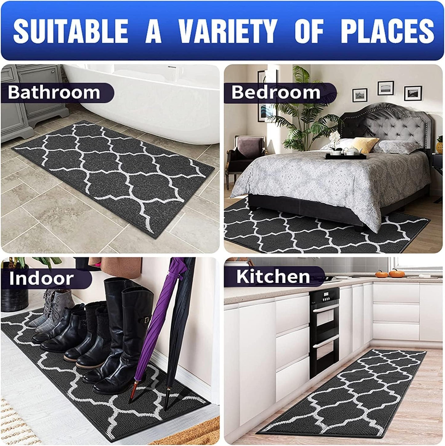 Black Entryway DoorMat: 59" x 36" Non-Slip, Dirt-Resistant, Absorbent Indoor Mat, Low-Profile, Washable for Front and Back Doors