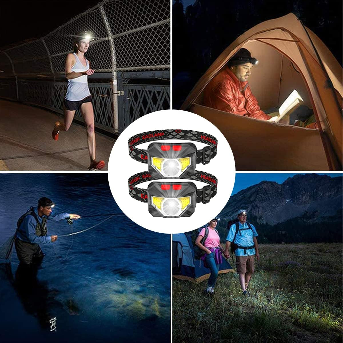 Rechargeable Headlamp, 2-Pack Waterproof Headlamps with Battery Indicator, 6 Lighting Modes for Outdoor Activities