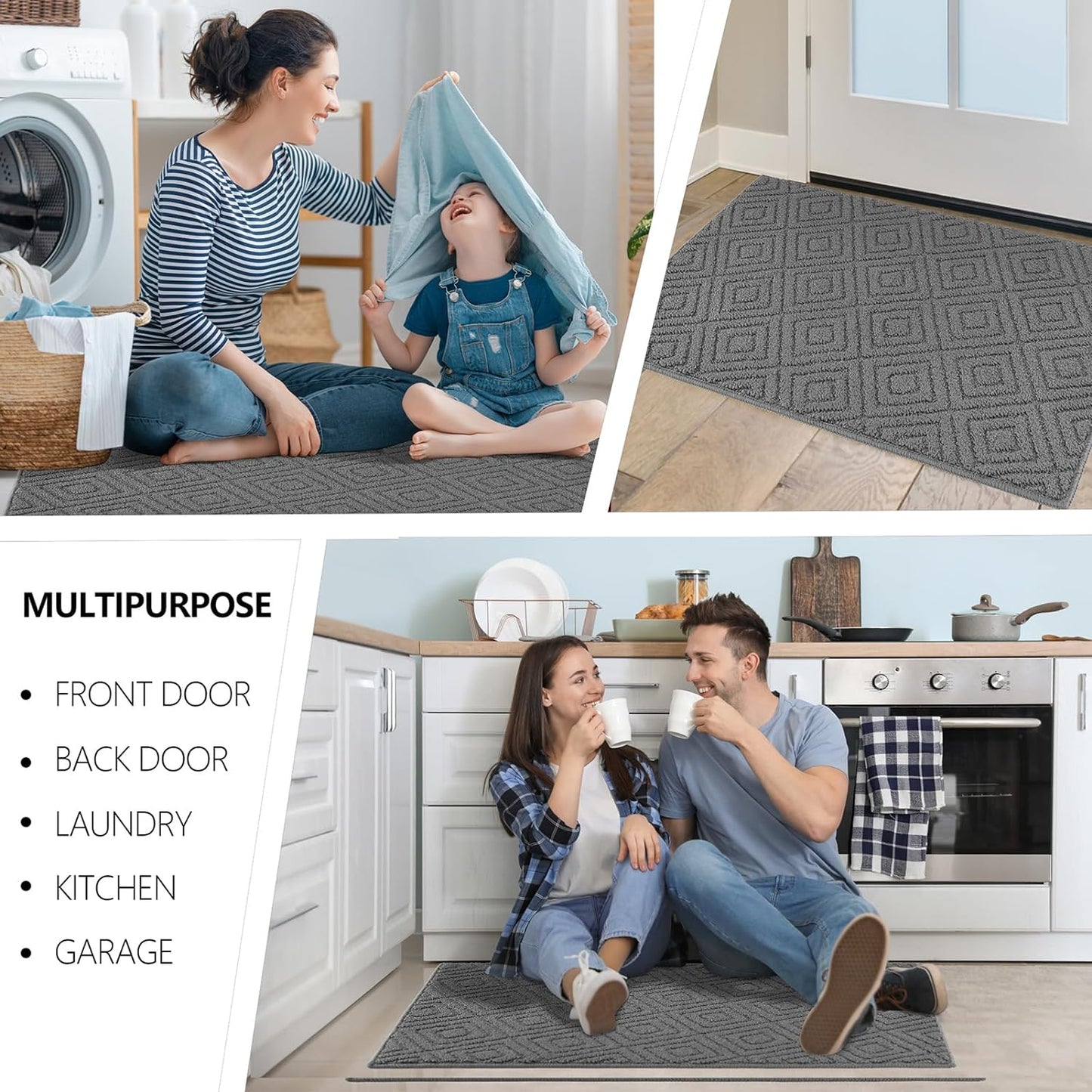 High-Quality Indoor Doormat with Non-Slip Rubber Backing, Absorbent and Dirt-Resistant Entrance Mat for Front and Back Doors - 20"x32" - Low-Profile Design, Machine Washable - Ideal for Entryways (Grey)