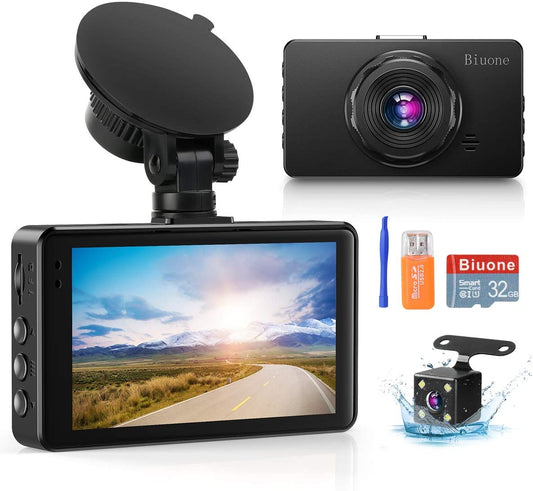 Dash Camera for Cars, Front and Rear Dual 1080P FHD DVR Car Dashboard Camera with Super Night Vision, 32G SD Card Included, G-Sensor, WDR, Parking Monitor, Loop Recording, Motion Detection