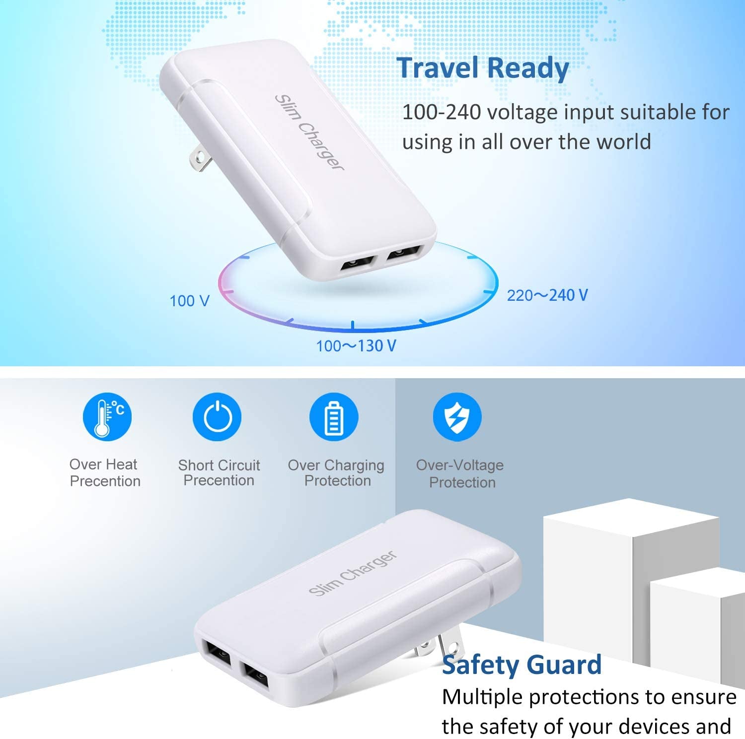 Dual Port USB Wall Charger with Foldable Plug - Slim, Portable Travel Adapter for iPhone, Samsung Galaxy, Nokia, Moto, Pixel, and More - White
