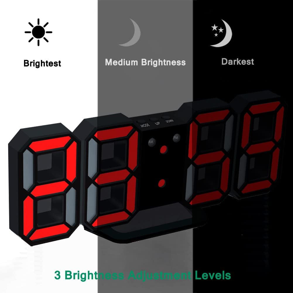 3D LED Night Light Digital Alarm Clock - 8.4" Clock for Bedrooms with Dimmer, 12/24H, Snooze - Ideal for Office, Bedroom, Nightstand, and Desk - Black/Red
