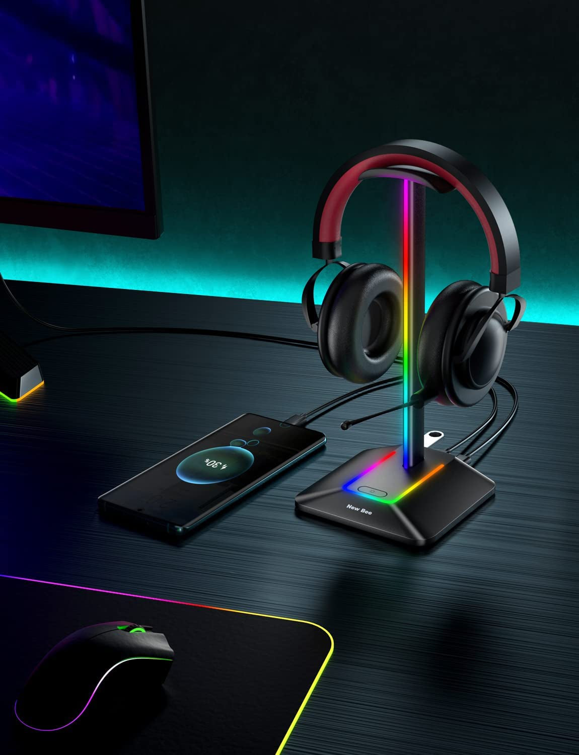 RGB Headphone Stand with 1 USB Charging Port & 1 USB-C Charging Port: Gaming Headset Stand with 7 Light Modes for PC Desktop Table - Earphone Accessories Holder