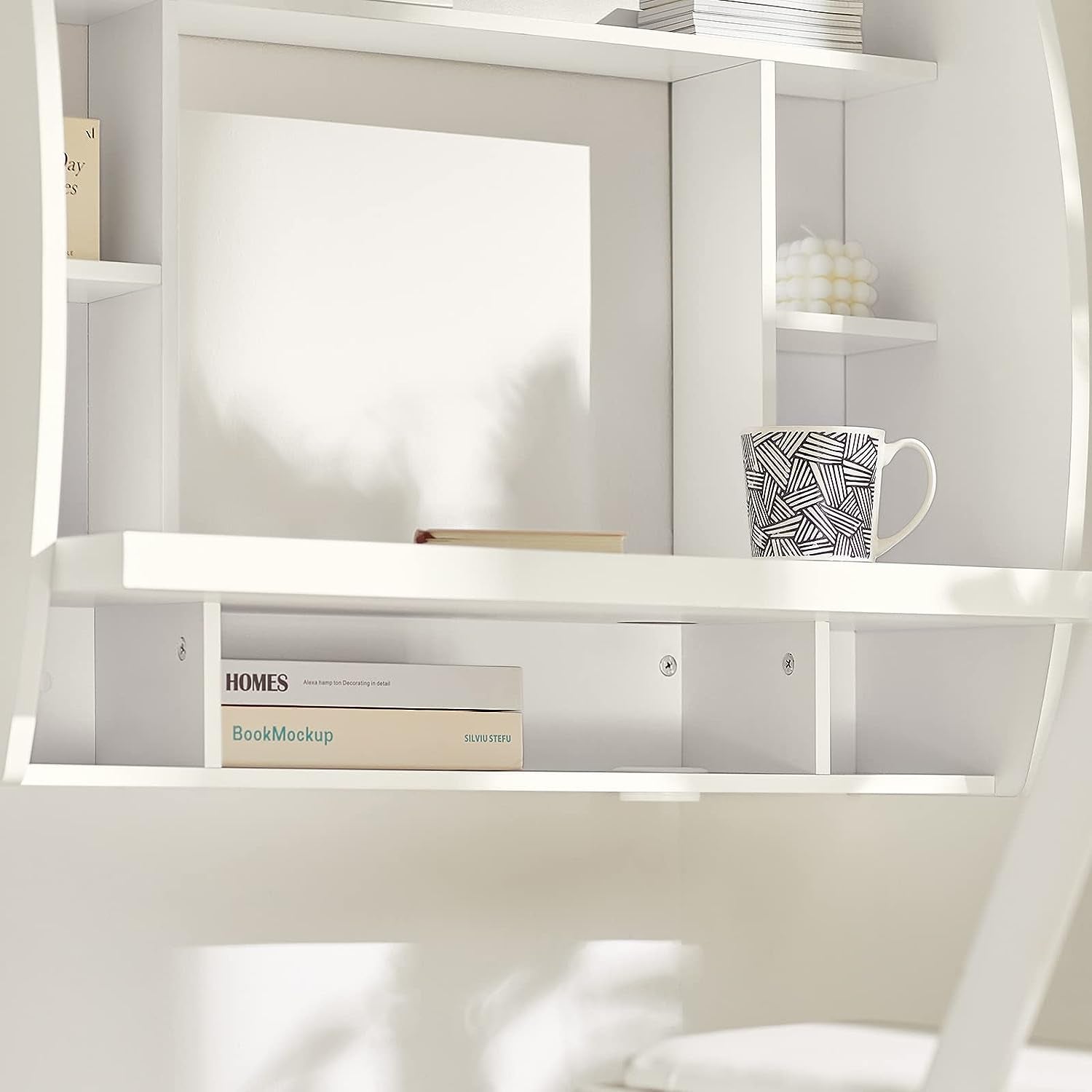 Wall-Mounted Computer Desk with Storage Shelves for Home Office Workstation - White Color