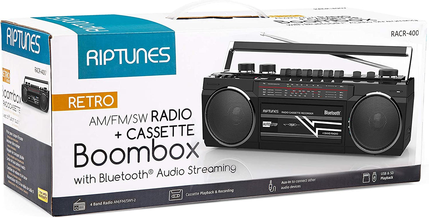 Retro Bluetooth Boombox with Cassette Player and Recorder, AM/FM/SW-1-SW2 Radio, USB, SD, and Aux in - Black