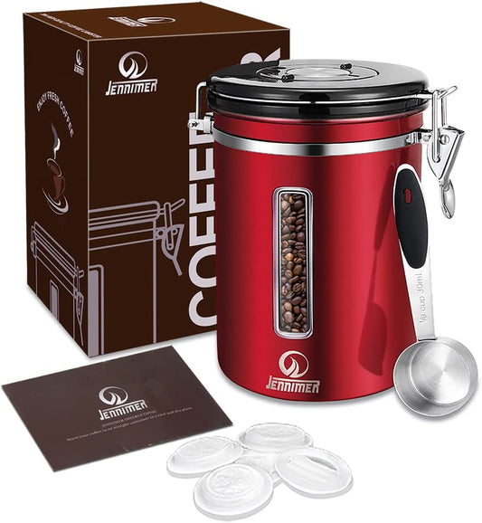 Stainless Steel Large Coffee Canister - Airtight Coffee Storage Container with Transparent Window, Date Tracker, CO2-Release Valve, and Measuring Scoop - Ensures Freshness for Your Coffee - Red Color