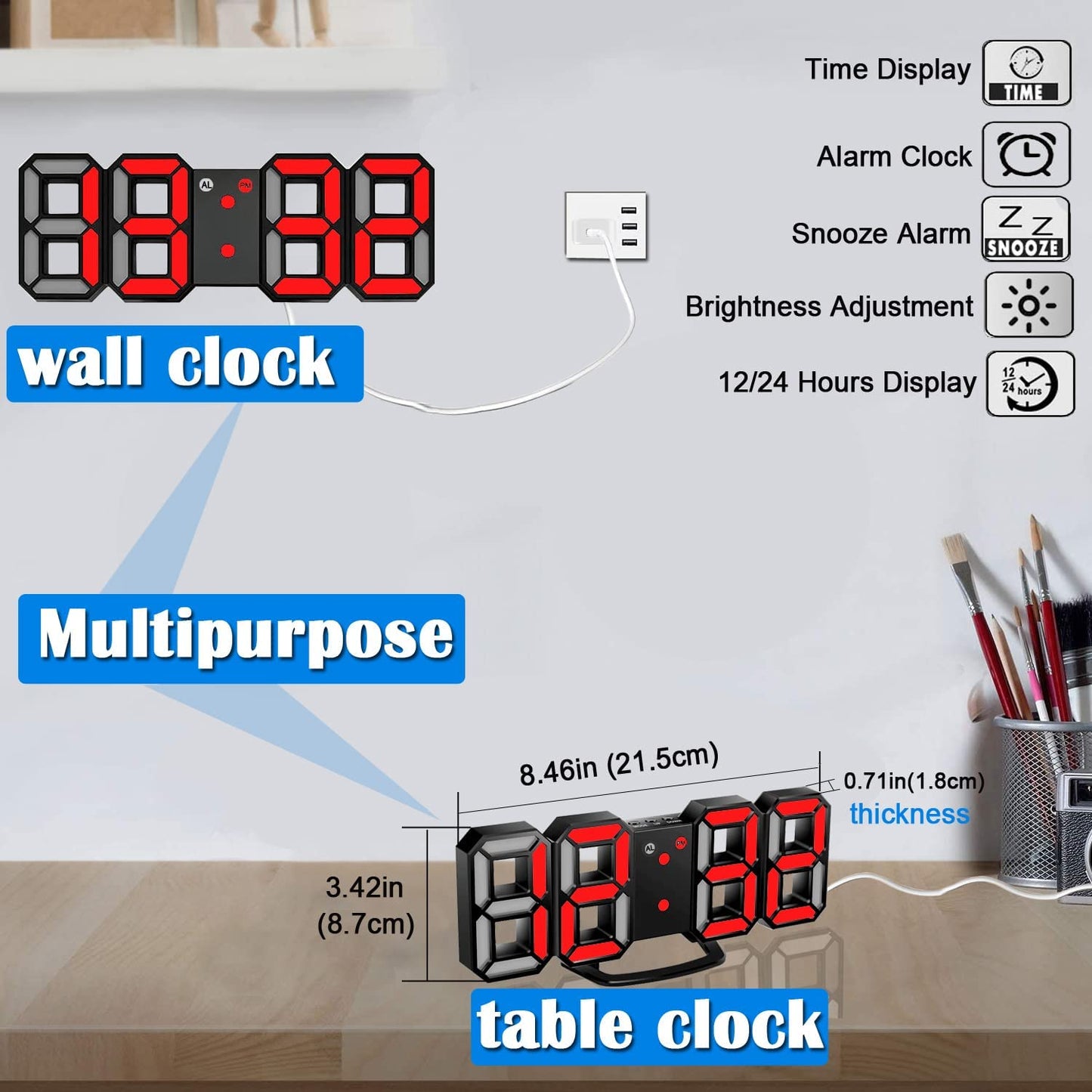 3D LED Night Light Digital Alarm Clock - 8.4" Clock for Bedrooms with Dimmer, 12/24H, Snooze - Ideal for Office, Bedroom, Nightstand, and Desk - Black/Red