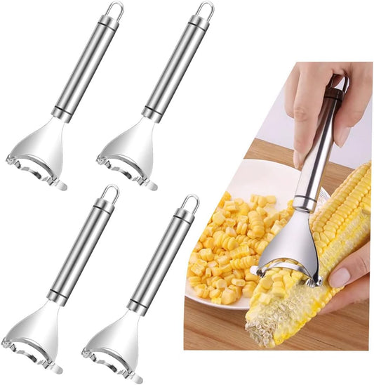 4 Stainless Steel Corn Peelers - Corn Planers with Thresher for Corn on the Cob. These Corn Peelers are Kernel Remover Tools, Magic Corn Stripper Tools, Corn Cutters, and Scrapers, all featuring Ergonomic Handles for Kitchen Use.