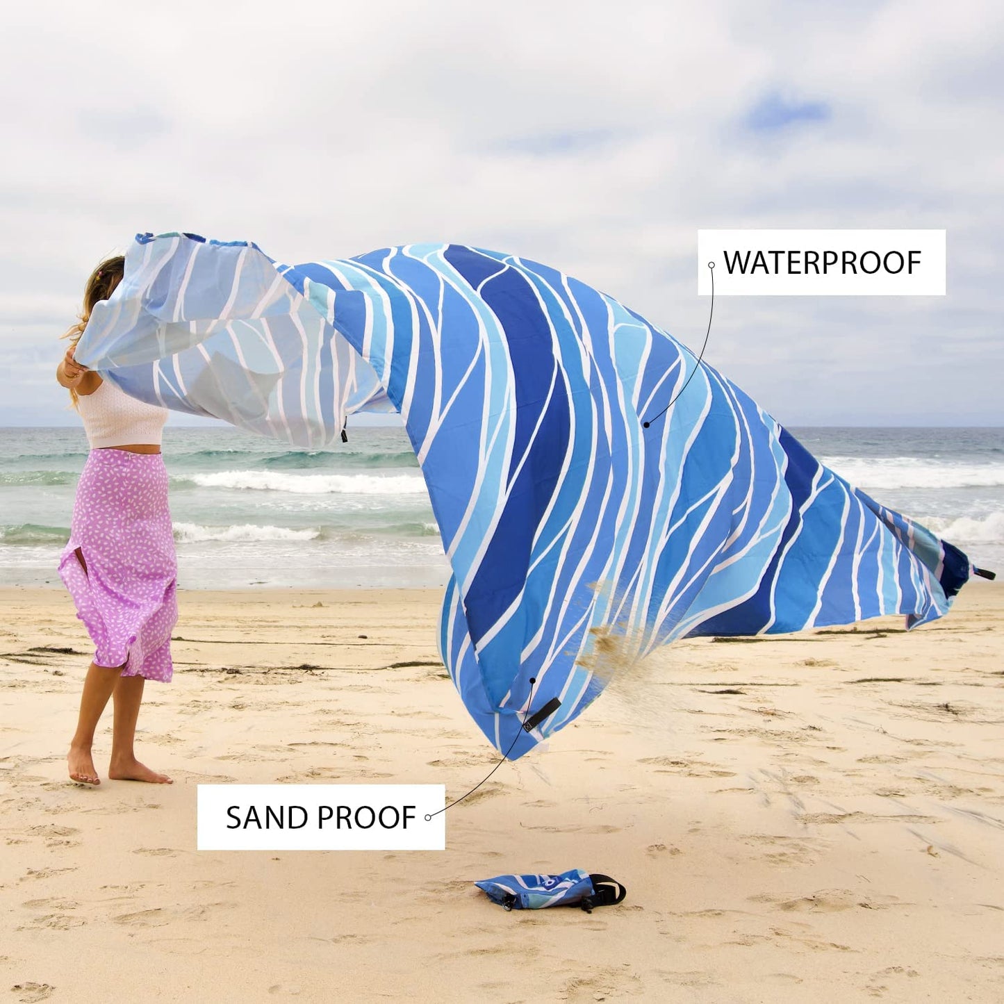 Waterproof Beach Blanket - Colorful Sandproof Beach Mat for Up to 10 People, Includes Stakes and Storage Bag - Large Microfiber Polyester Blanket Ideal for Beach Trips, Picnics, Concerts, and Hikes.