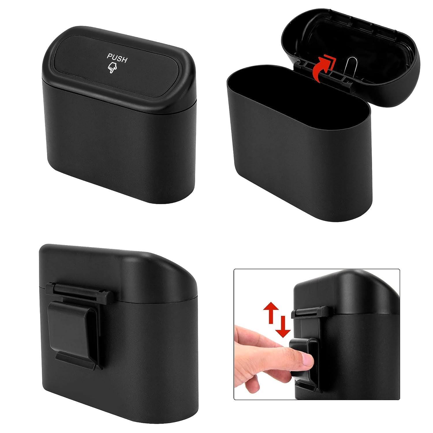 2 Pack Mini Car Trash Can with Lid,   Leakproof Auto Dustbin - 2 ABS Hooks and 90pcs Trash Bags Black