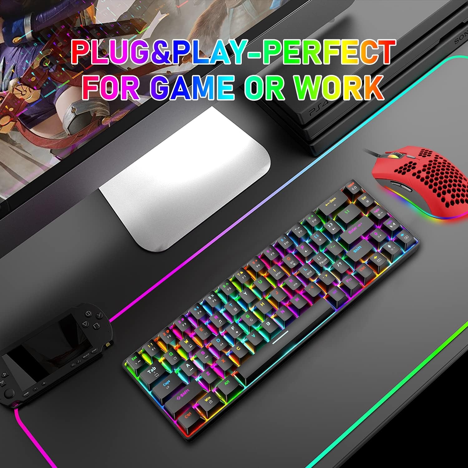 60% Mechanical Gaming Keyboard and Mouse Combo: Ergonomic Mini Anti-Ghosting 68Key with 18 Chroma RGB Backlight. Includes Honeycomb Mice with 6400DPI and Type-C Wired Connection. Ideal for PC, Mac, Gamer  Black+Red