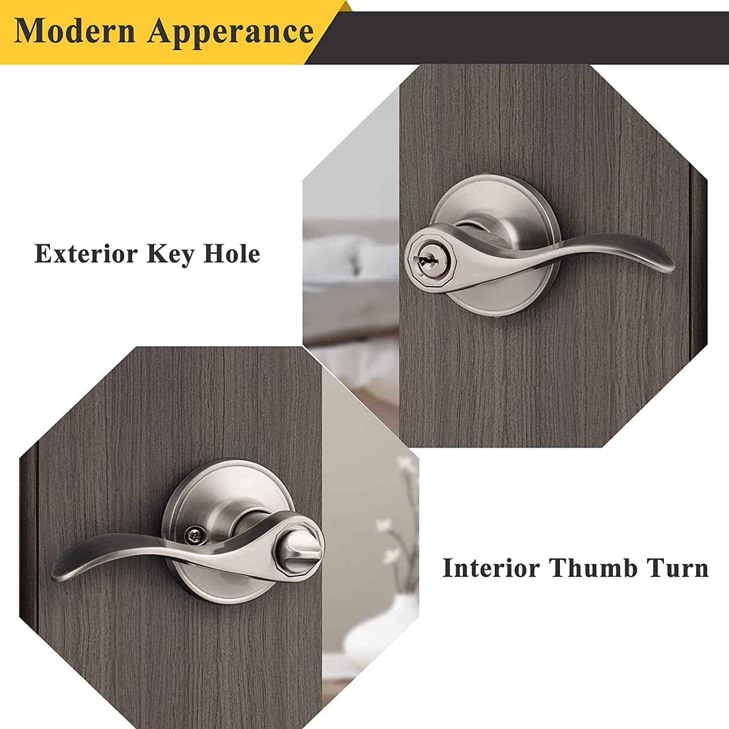 Wave Style Lever Handles for Entrance Door Knobs - Entry Door Locks in a Brushed Nickel Finish.