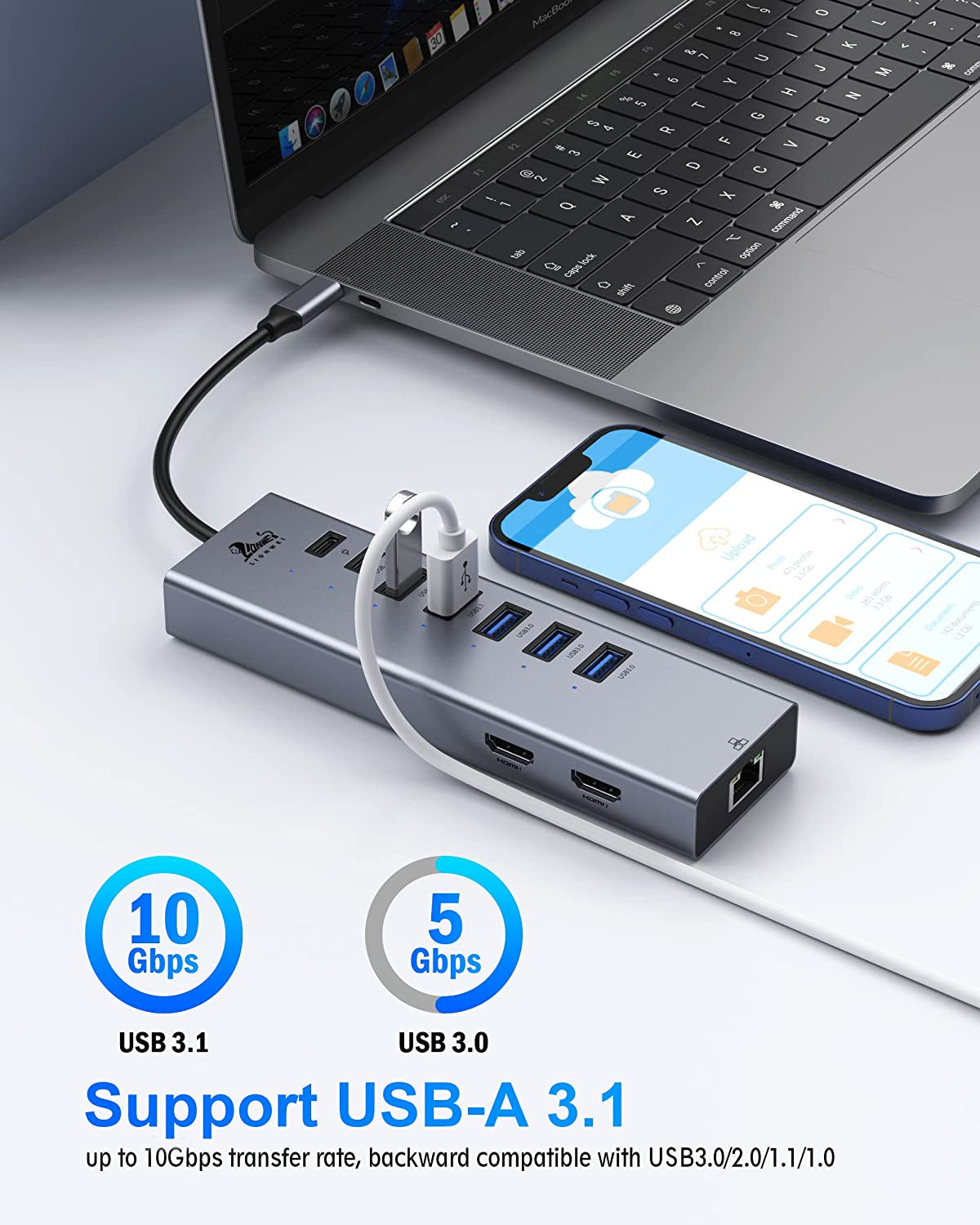 10-in-1 USB C Docking Station with Dual Monitor Support, HDMI Adapters, Ethernet, and High-Speed USB Connectivity for Dell, HP, Lenovo, and MacBook