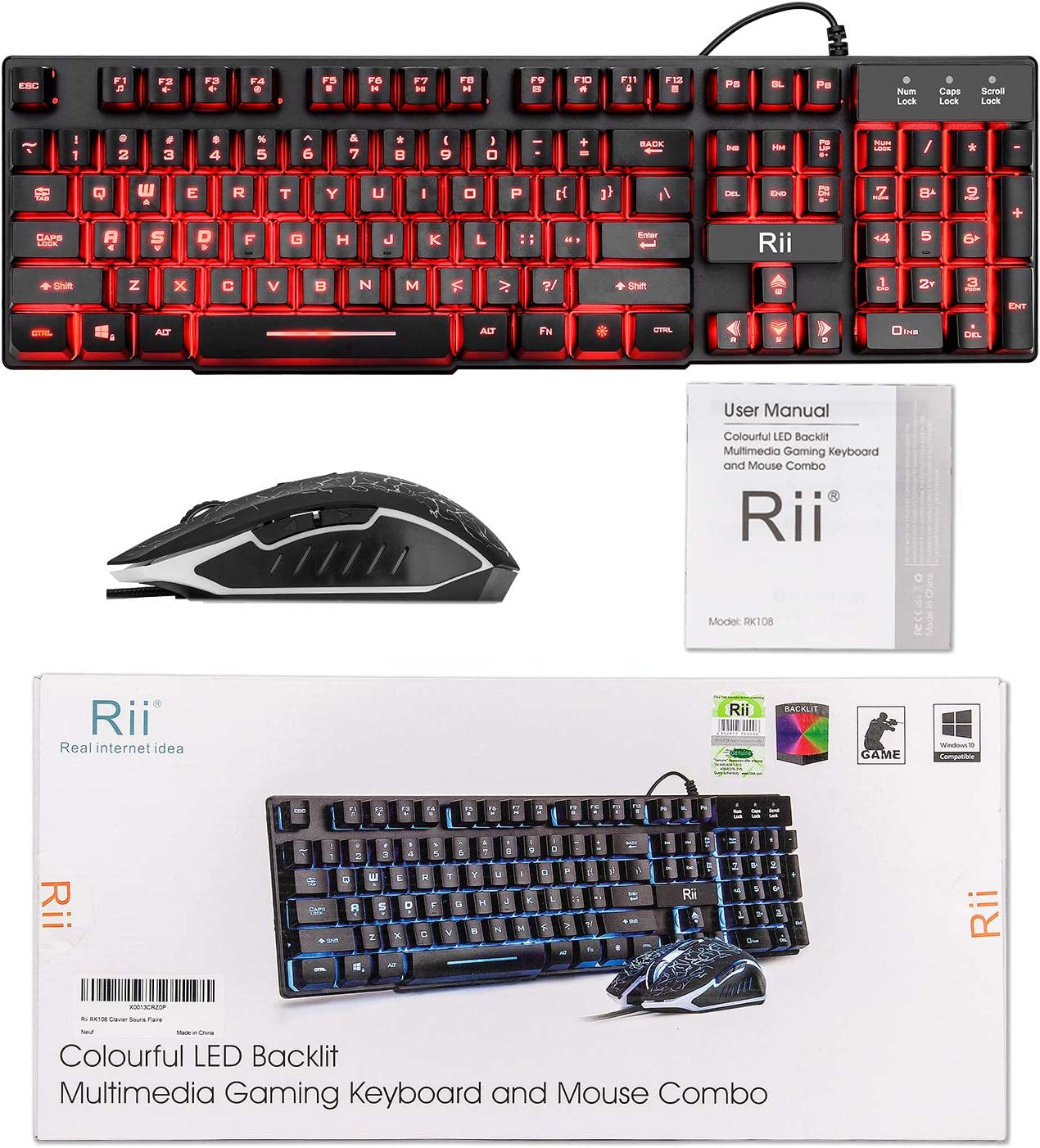 Gaming Keyboard and Mouse Combo - 3-Color LED Backlit, 104Keys Standard Keyboard with USB Mouse for Computer, PC, Desktop, Laptop - Ideal for Gaming and Home Office Use