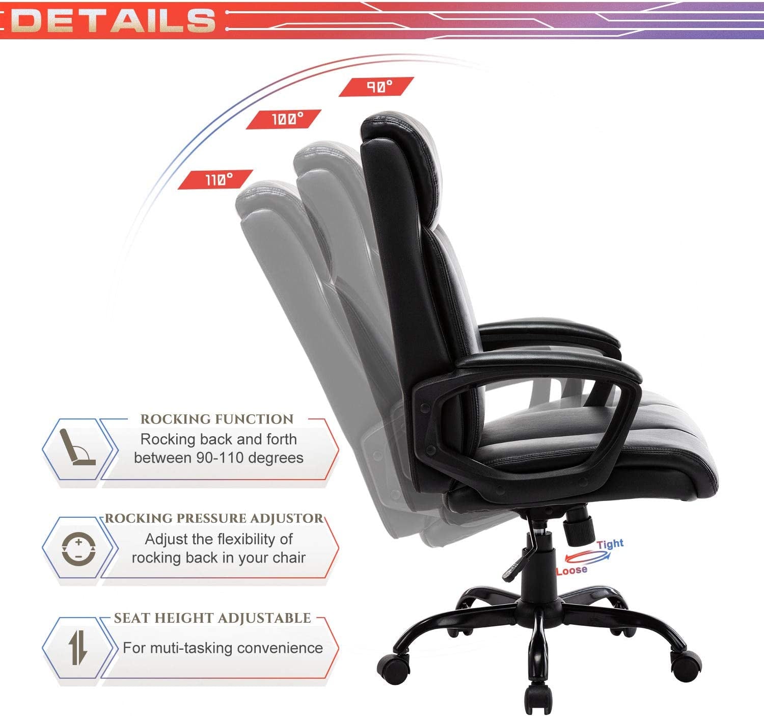 Executive Bonded Leather High-Back Office Chair - Swivel Task Chair with Rocking Function, Designed for Computer Desks, in Black.