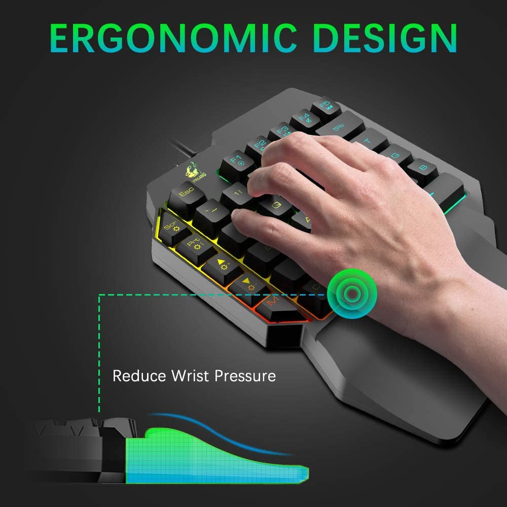 One Hand Keyboard and Mouse Combo - Wired Mechanical Feeling Rainbow Backlight Keyboard with Wrist Rest, RGB Gaming Mouse, and LED Backlit Converter. Compatible with PS4, Xbox One, Nintendo Switch, PS5, and PC.