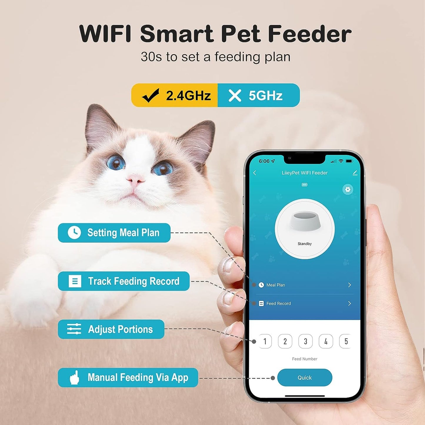 Automatic Cat Feeders - Smart Pet Food Dispenser for Dry Food - Equipped with 2.4G App Control - Features Double Stainless Steel Bowls - Offers Dual Power Supply - Allows for 1 to 10 Meals Per Day Programming.