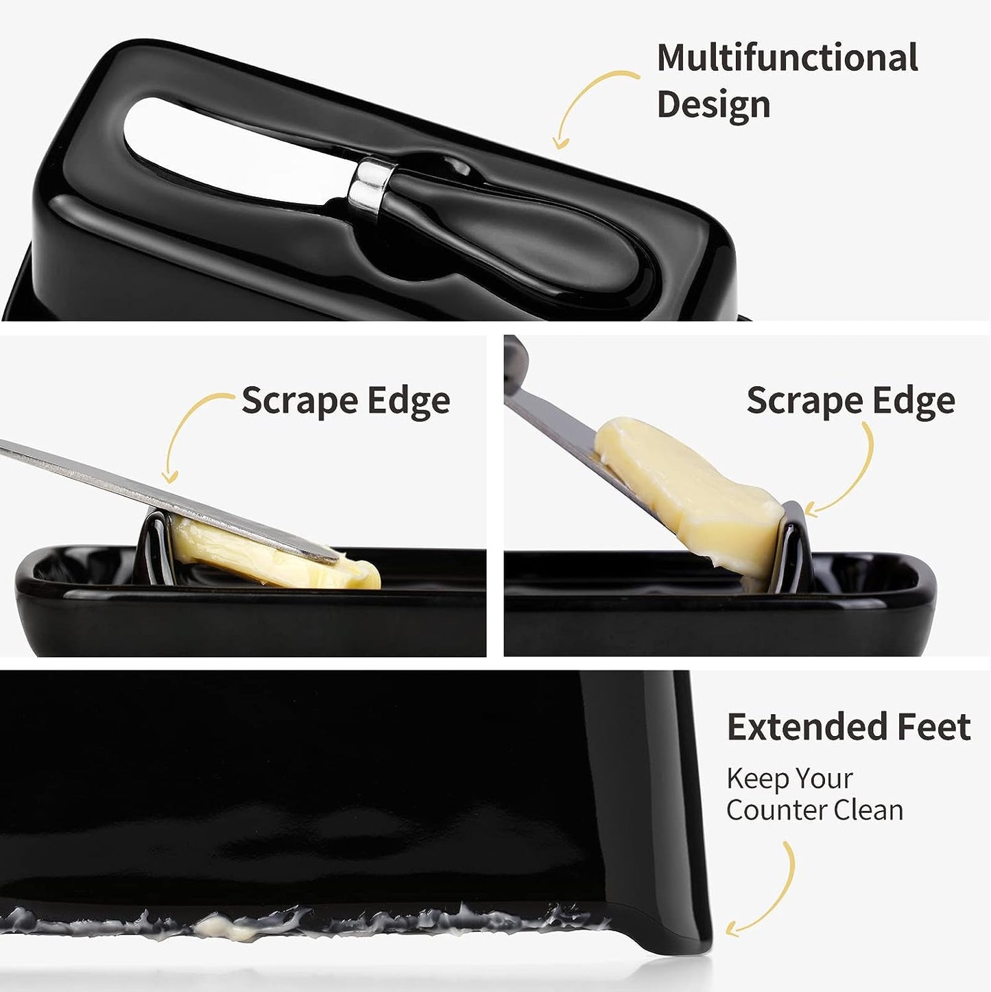 Black Porcelain Butter Dish with Lid and Knife - Includes Serving Tray with Anti-Slip Strip. This Butter Keeper is Ideal for Kitchen Decor and Fits East/West Coast Butter. It's Dishwasher Safe for Easy Cleaning.