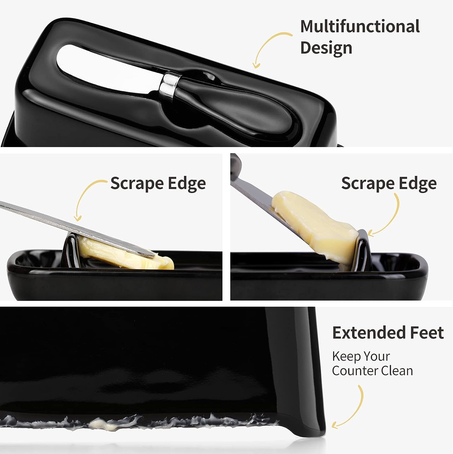 Black Porcelain Butter Dish with Lid and Knife - Includes Serving Tray with Anti-Slip Strip. This Butter Keeper is Ideal for Kitchen Decor and Fits East/West Coast Butter. It's Dishwasher Safe for Easy Cleaning.