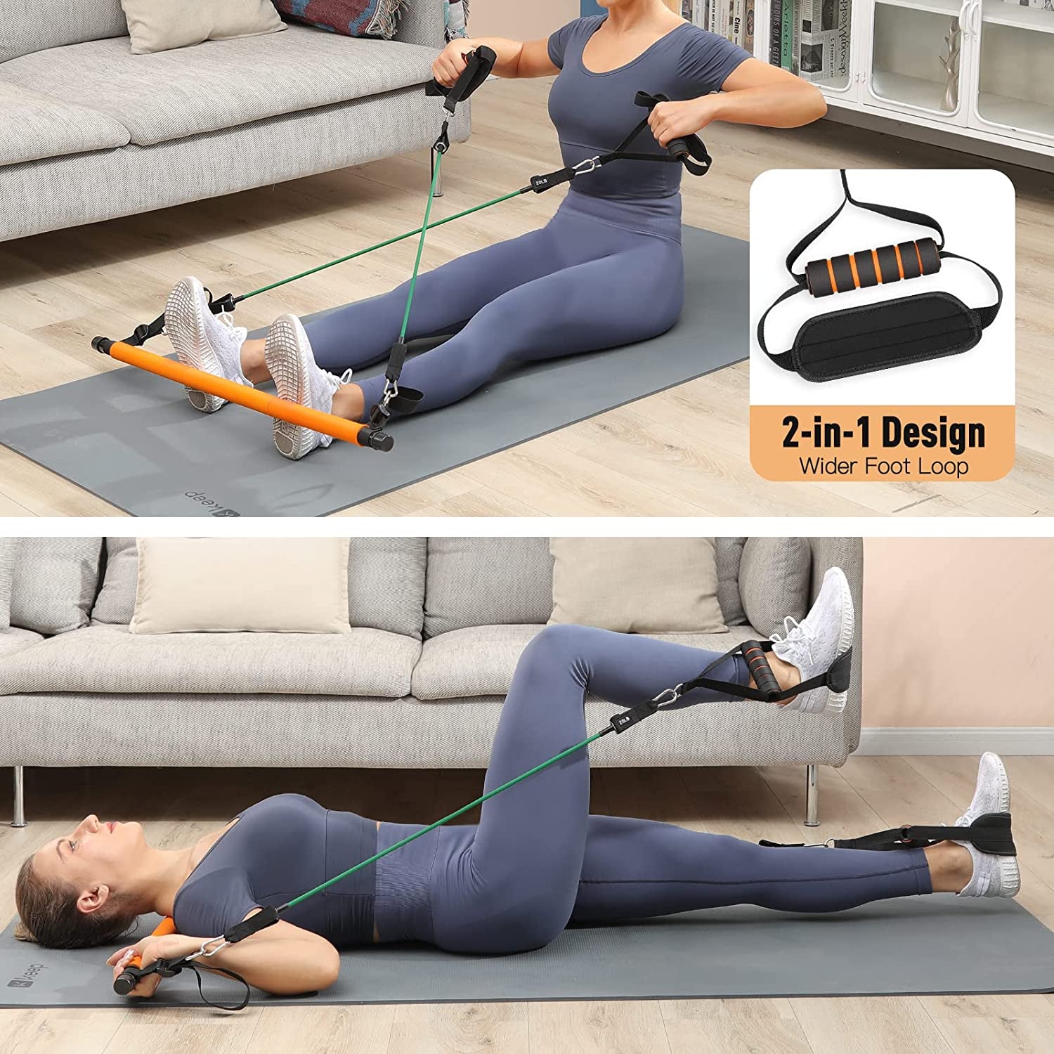 Portable Pilates Bar Kit with Resistance Bands - This upgraded 3-section Pilates bar comes with resistance bands in 20lb, 40lb, and 60lb options. It's suitable for both men and women and supports full-body workouts at home.