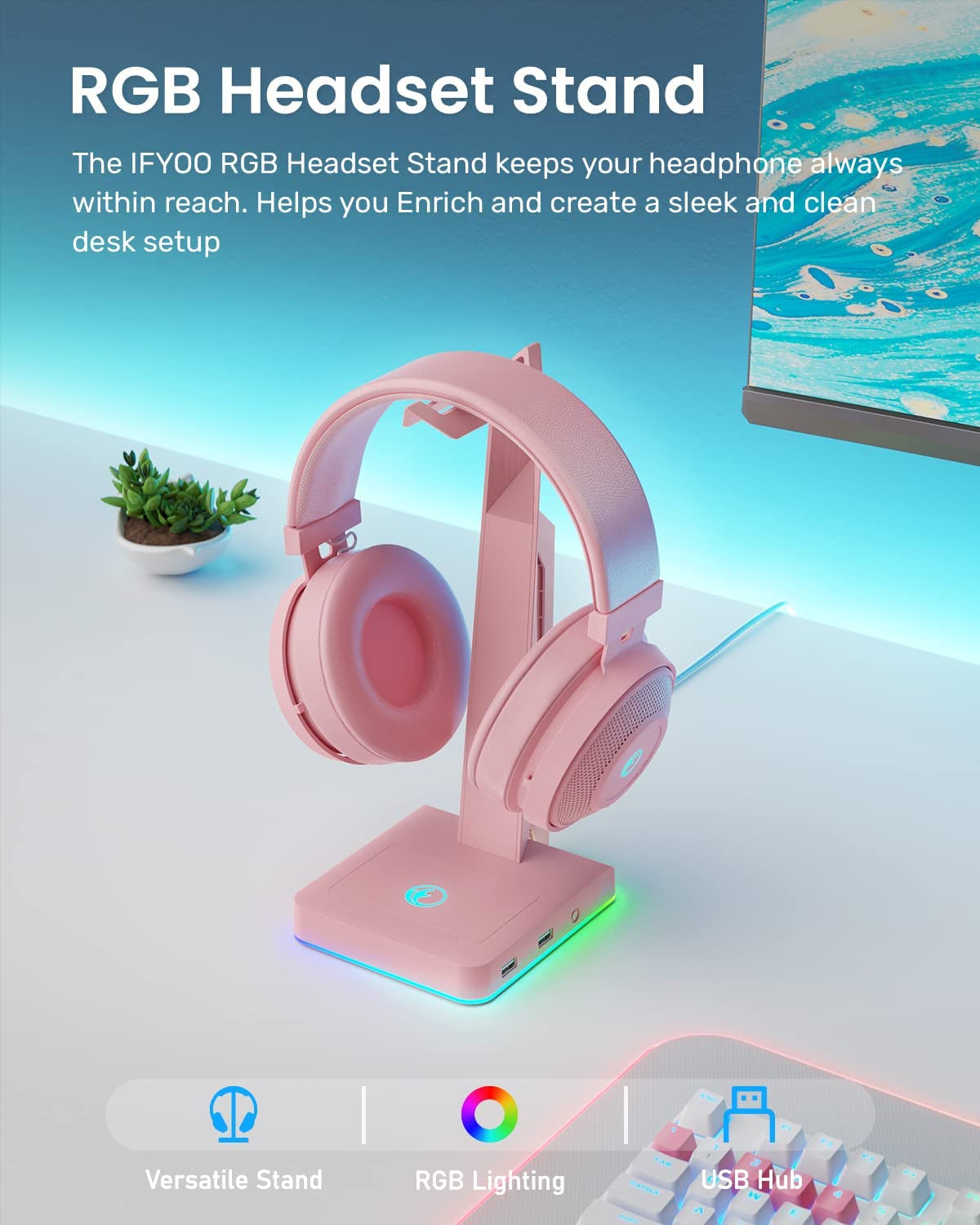 Pink RGB Gaming Headset Stand: Game Headphone Mount with 2 USB Ports. Great for PC, Xbox One, PS4, Switch. Features Earphone Holder Hanger. Perfect for Gaming Stations and Fancy Desk Gamer Accessories.