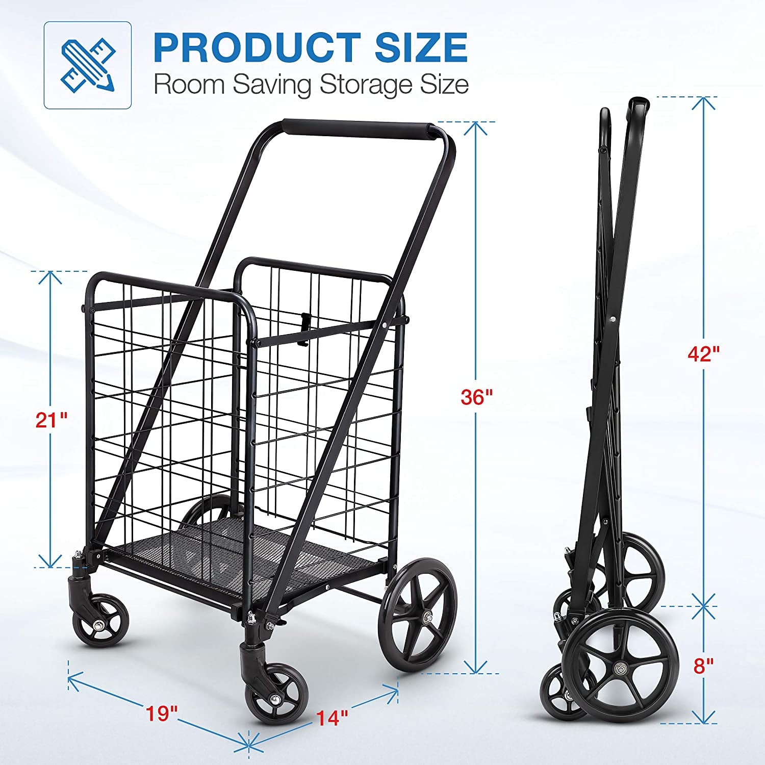 Heavy Duty Folding Shopping Cart with Upgraded Dense Grid Bottom, 360° Rolling Swivel Wheels, and Extra Large Capacity of 280 lbs - Ideal for Various Uses