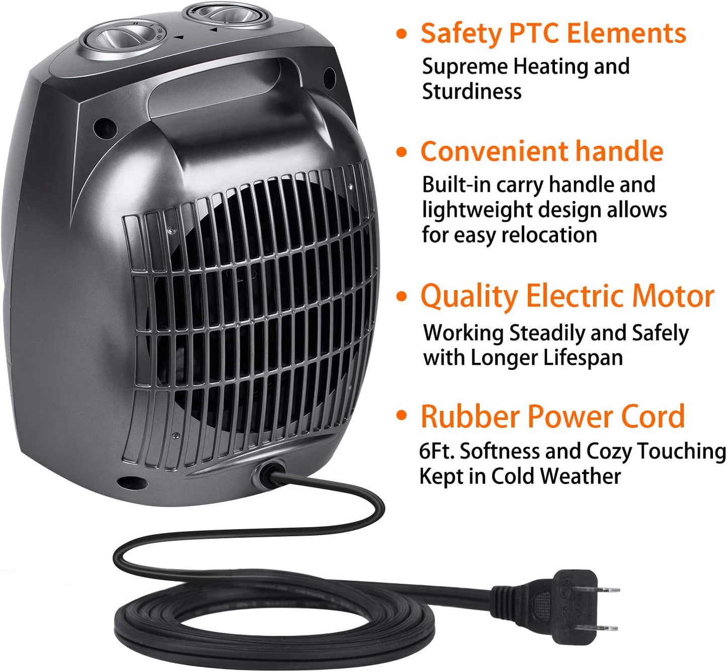 Portable Electric Space Heater - A 1500W/750W Ceramic Heater with Thermostat that can quickly heat up a room of up to 200 sq. ft. It's designed to be safe and quiet, making it ideal for use in offices, homes, on desks, and indoors.