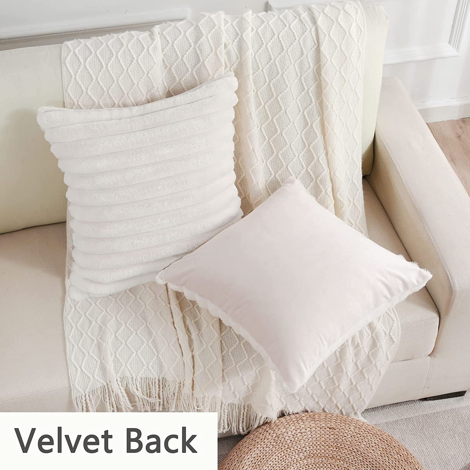 Set of 2 Cream White 20x20 Inch Throw Pillow Covers - Cozy Faux Rabbit Fur Striped Design with Velvet Back for Modern Couch Decor.
