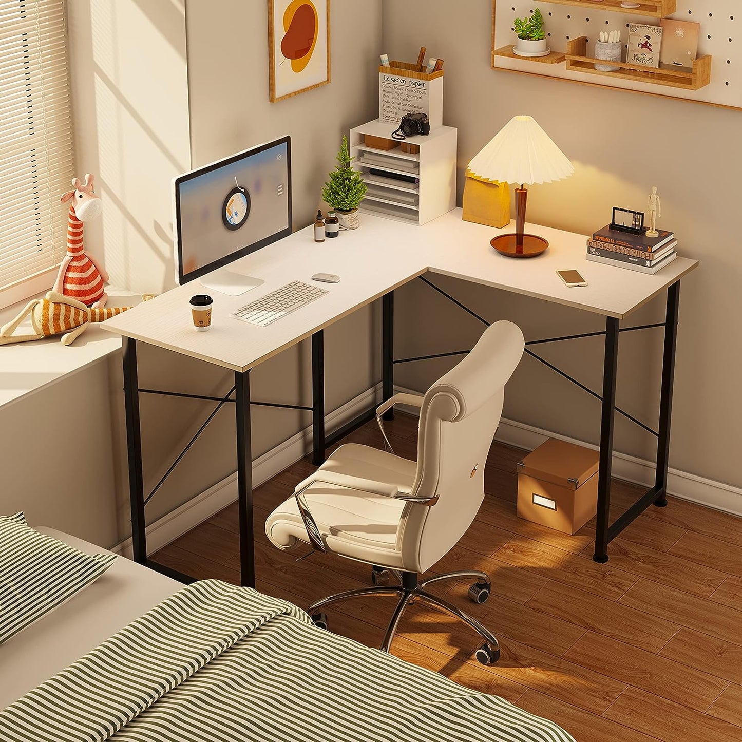 L-Shaped Computer Desk: 49.6 Inch Corner Desk with X-Shaped Metal Frame. Ideal Gaming and Writing Desk for Home Office in White