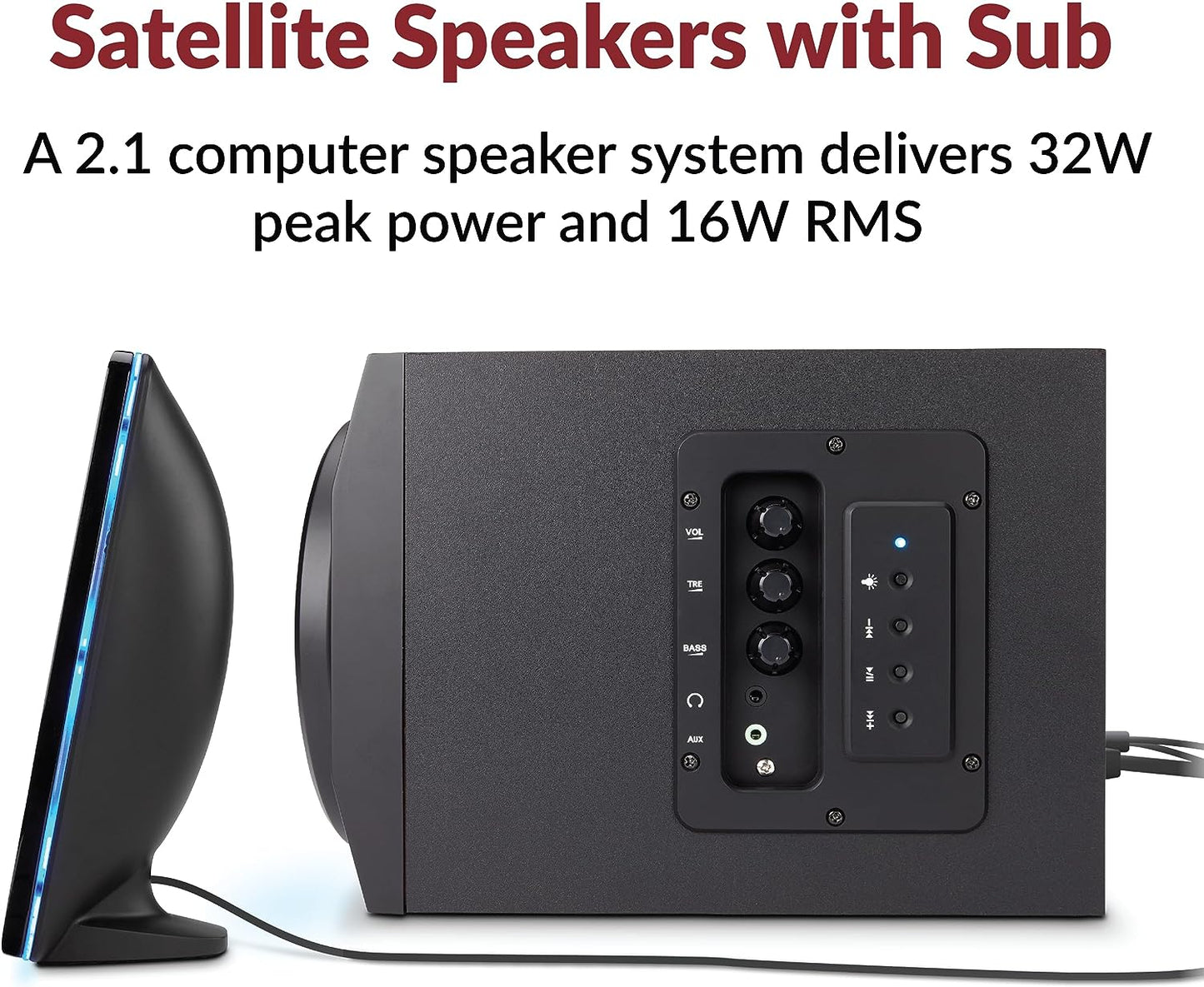 Bluetooth Speaker System with LED Lights - Ideal for Gaming, Movies, Parties, and Multimedia - 2.1 Subwoofer