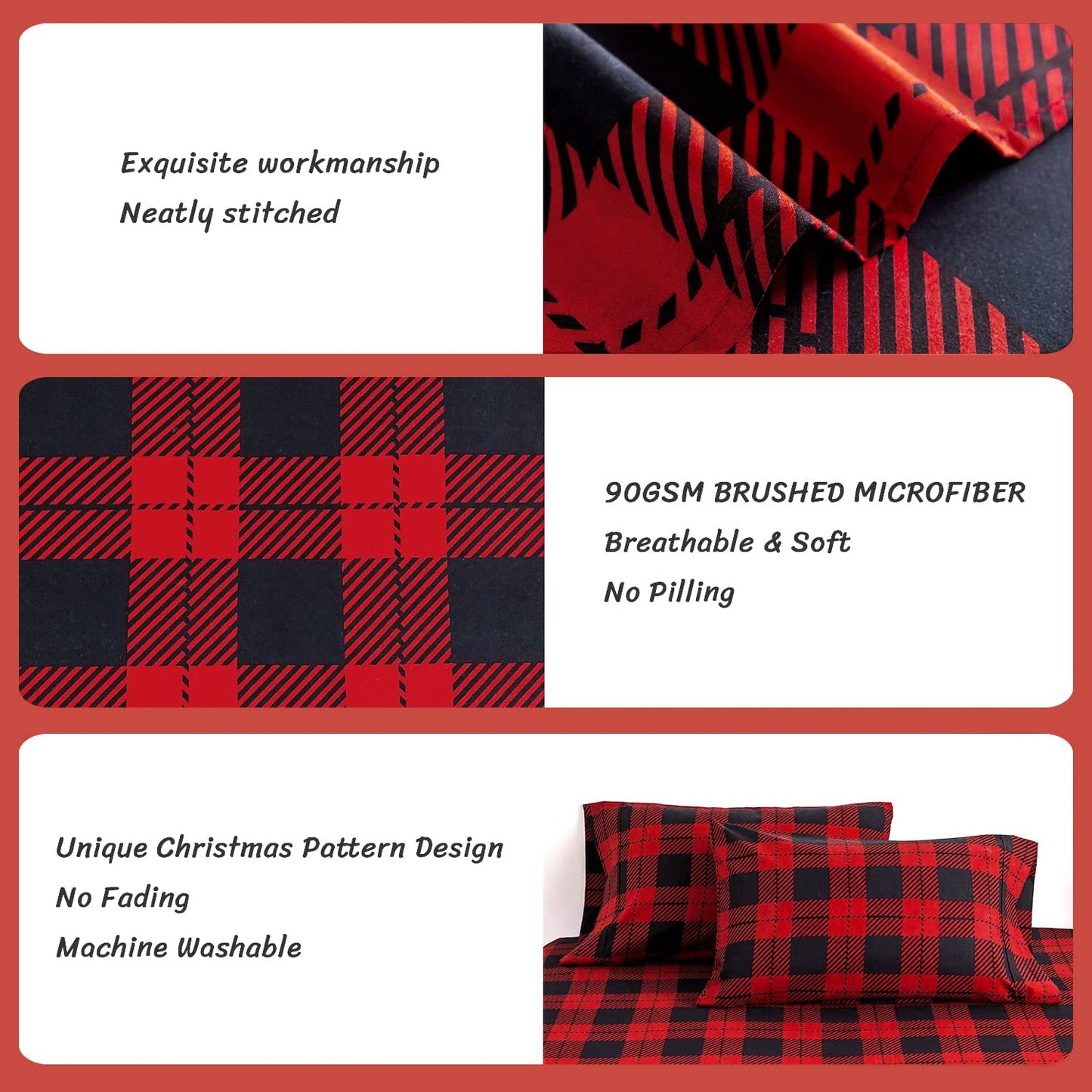 4-Piece King Size Bed Sheets Set - Red Black Plaid Patterned Sheets made from Soft and Warm 1800 Thread Count Brushed Microfiber. Designed with an 8-17" Deep Pocket for a secure fit on your mattress. These Winter Warm Bedsheets are Machine Washable 