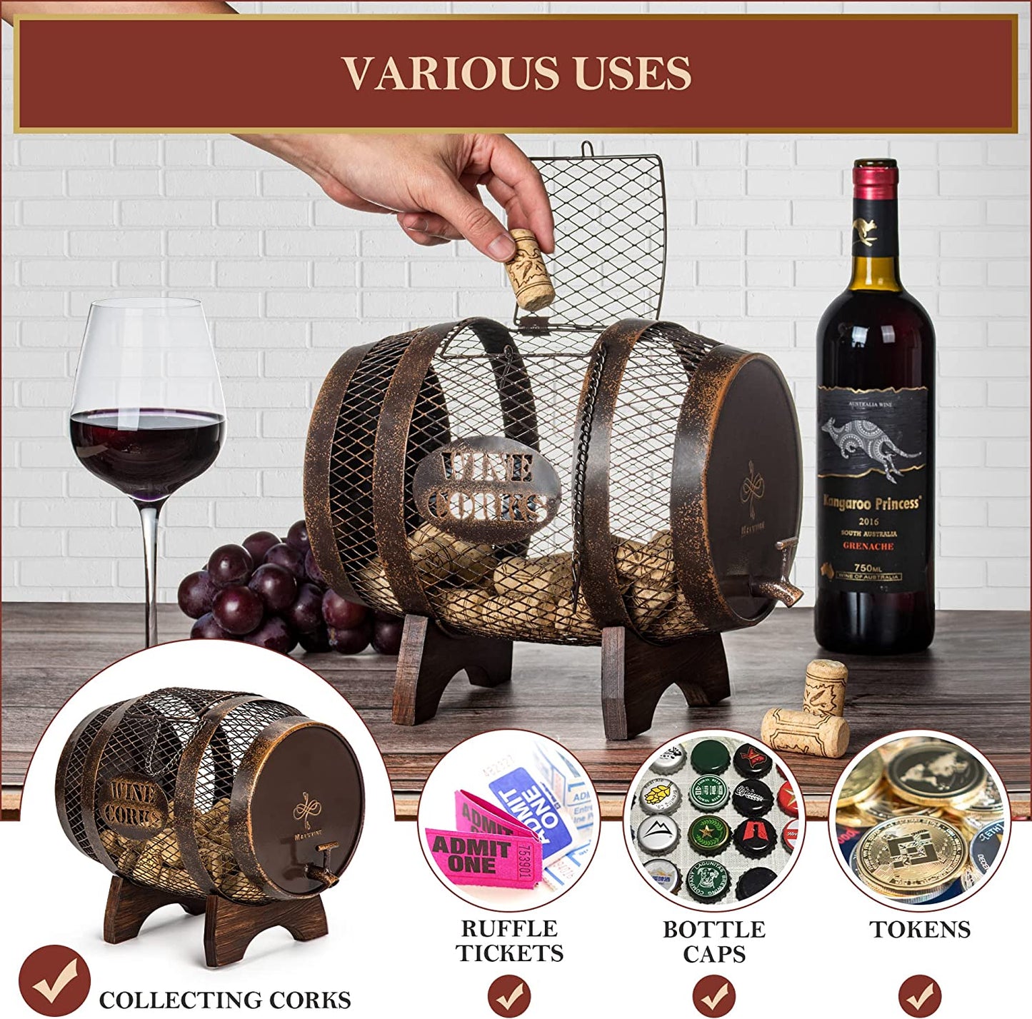 Rustic Metal Large Barrel Wine Cork Holder Display on Wooden Stand: Ideal for Wine Lovers, Housewarming Gifts, Home Bar Decor, Wine Gifts, Engagement Gifts, and Kitchen Decor.