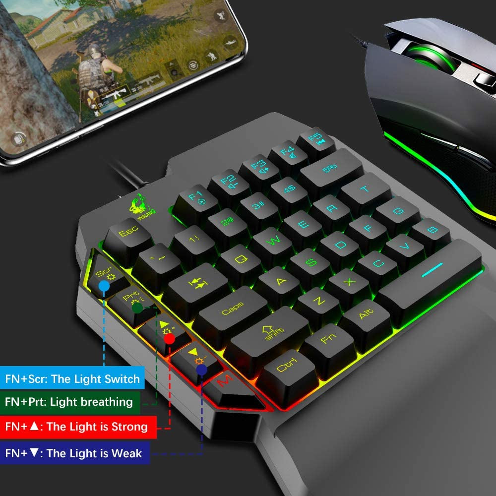 One Hand Keyboard and Mouse Combo - Wired Mechanical Feeling Rainbow Backlight Keyboard with Wrist Rest, RGB Gaming Mouse, and LED Backlit Converter. Compatible with PS4, Xbox One, Nintendo Switch, PS5, and PC.