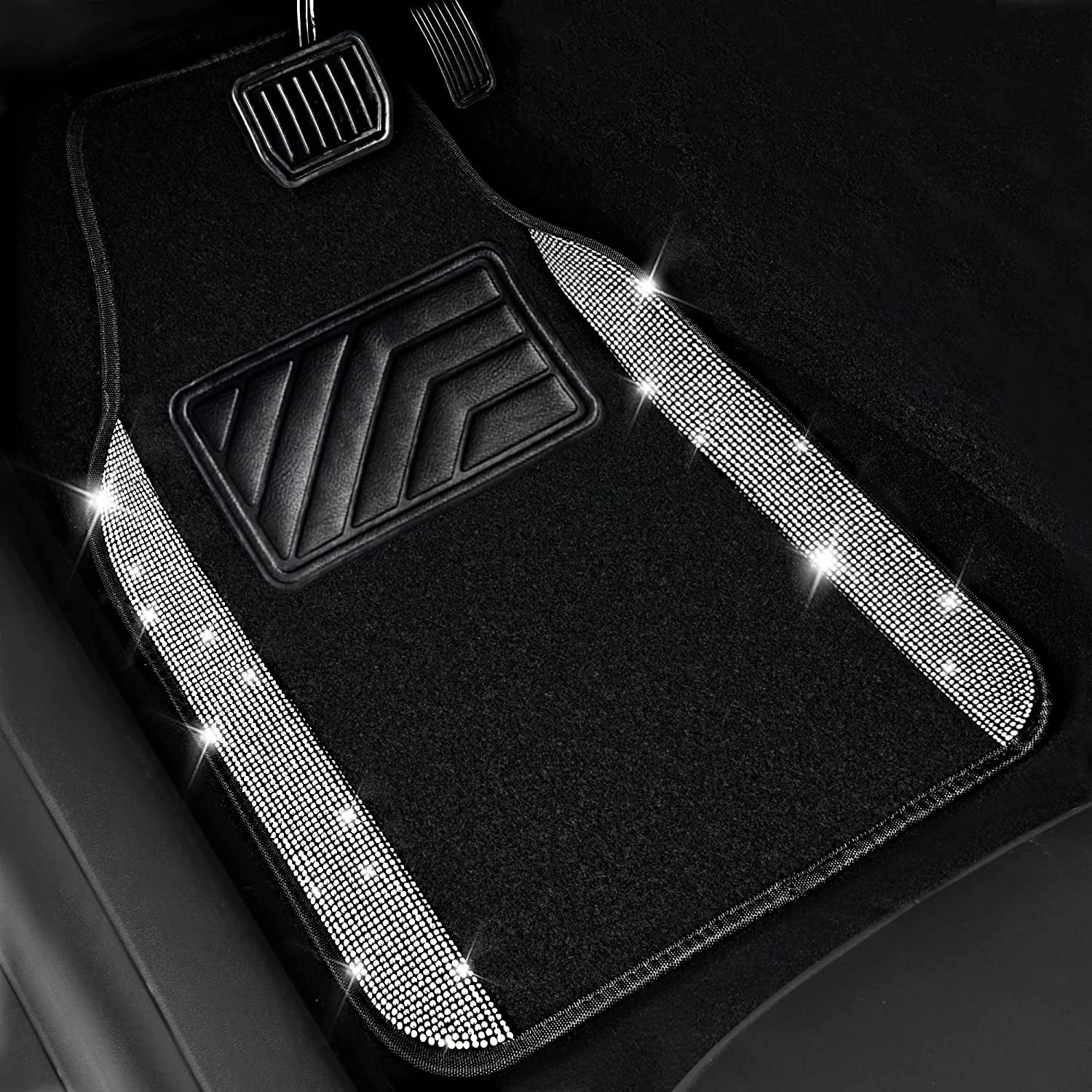 Rhinestone-Embellished Carpet, Crystal Diamond Glitter Car Floor Mats with Anti-Slip Heel Pad, Universal Fit for SUVs, Sedans, Vans, and Cars - 4pcs Set, Black Silver